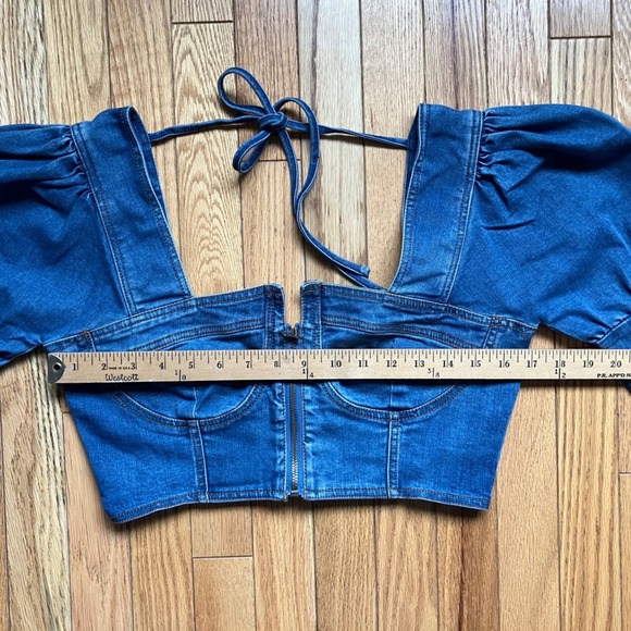 Blue Denim Puff Sleeve Corset Crop Top Front Zip Long Sleeve Milkmaid Coquette - Picture 3 of 7